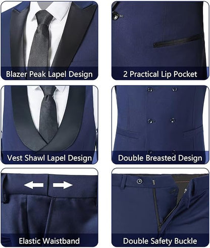 ly1785 Mens Suit Slim Fit 3 Piece Suit Blazer Vest Pants Sets with Bow Tie Handkercher Brooch for Men for Wedding Prom Party