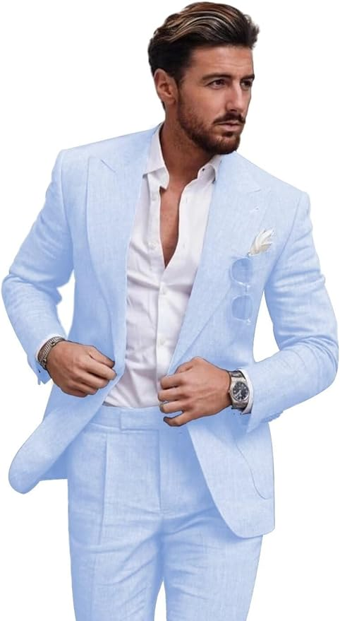 ly1127 بدلة رجالية كاجوال من الكتان بقصّة Slim Fit مكونة من قطعتين 