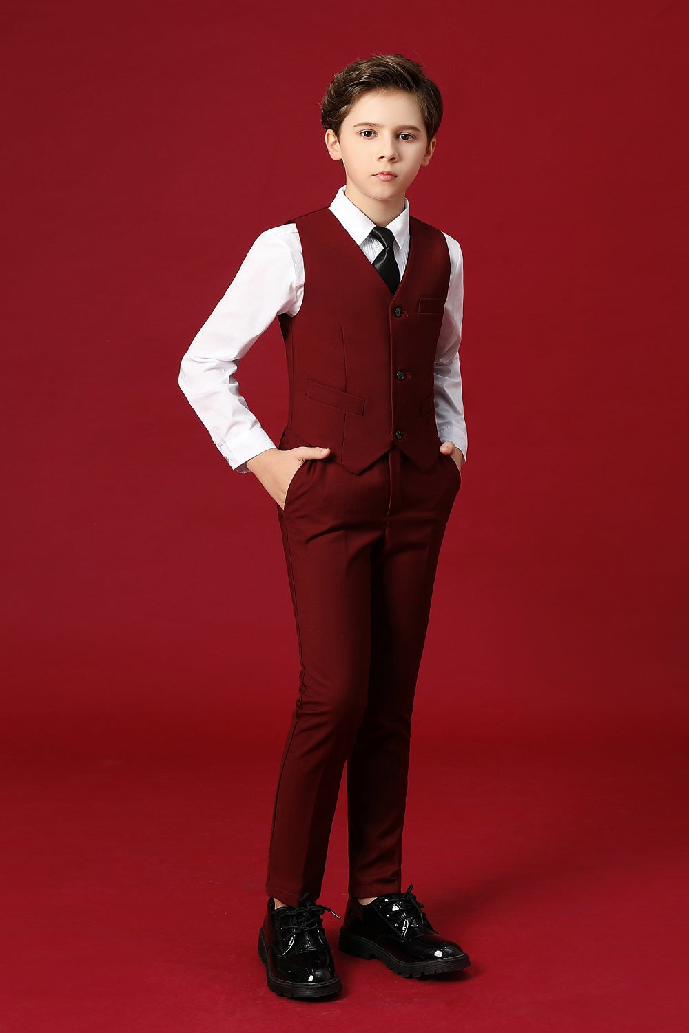 Burgundy Custom Fit Slim 4 Piece Boy's Formal Suits With Vest+Pants+Shirt+Tie