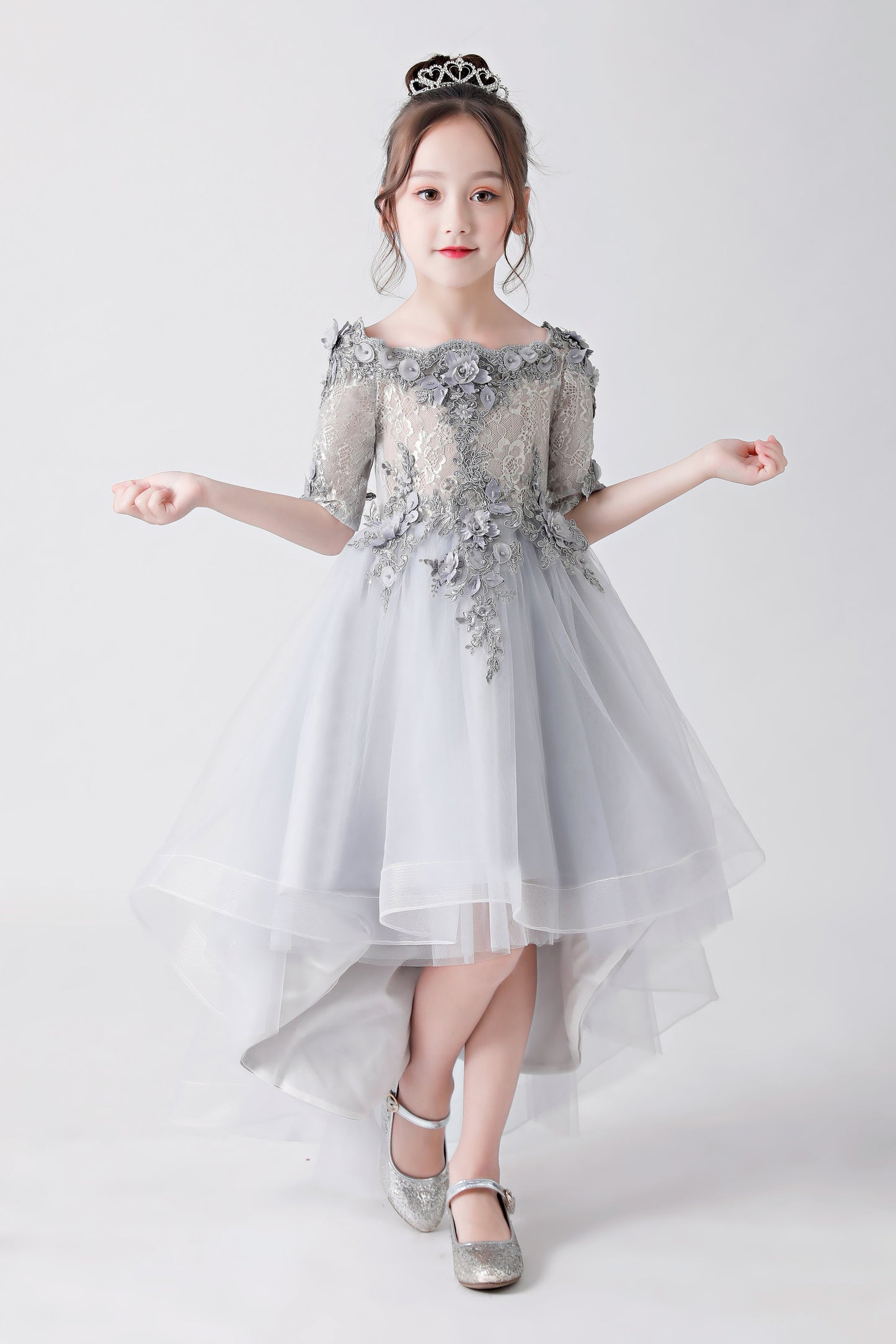 ly3170 Silver Gray Embroidered Printed Chiffon Flower Girl Gown Dress For Wedding, Party, Occations