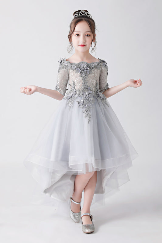 ly3170 Silver Gray Embroidered Printed Chiffon Flower Girl Gown Dress For Wedding, Party, Occations