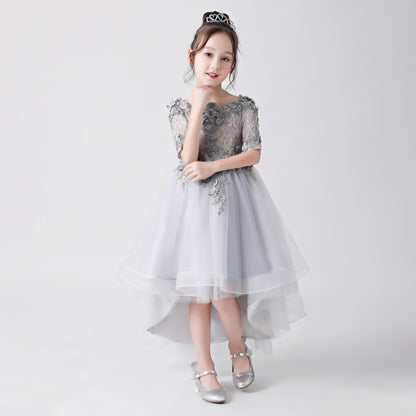 ly3170 Silver Gray Embroidered Printed Chiffon Flower Girl Gown Dress For Wedding, Party, Occations