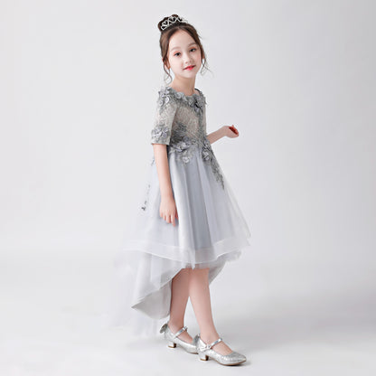 ly3170 Silver Gray Embroidered Printed Chiffon Flower Girl Gown Dress For Wedding, Party, Occations