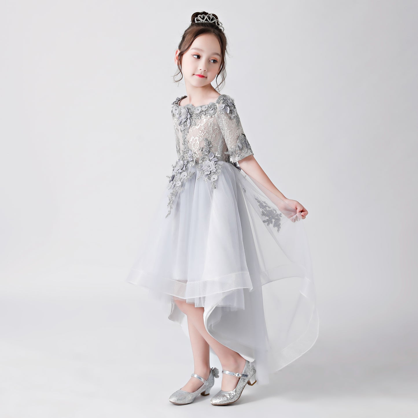 ly3170 Silver Gray Embroidered Printed Chiffon Flower Girl Gown Dress For Wedding, Party, Occations