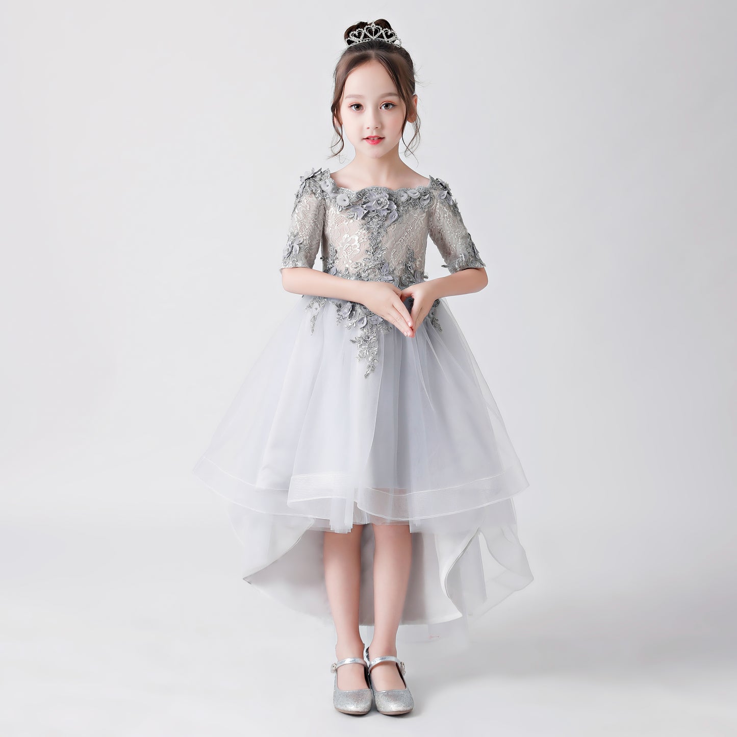 ly3170 Silver Gray Embroidered Printed Chiffon Flower Girl Gown Dress For Wedding, Party, Occations