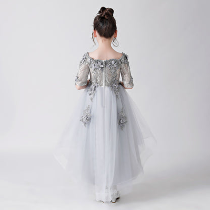 ly3170 Silver Gray Embroidered Printed Chiffon Flower Girl Gown Dress For Wedding, Party, Occations