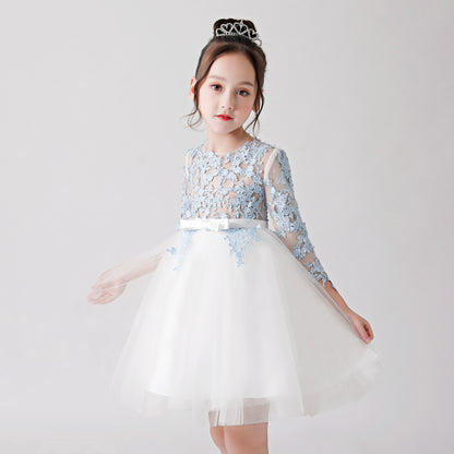 ly3171 White Hollow Printed Chiffon Flower Girl Puffy Dress For Wedding, Party, Occations