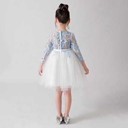 ly3171 White Hollow Printed Chiffon Flower Girl Puffy Dress For Wedding, Party, Occations