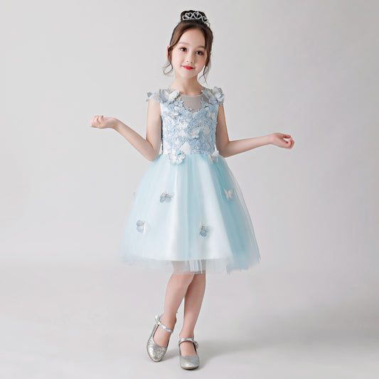 ly3172 Light Blue Butterfly Print Embroidered Chiffon Flower Girl Puffy Dress For Wedding, Party, Occations