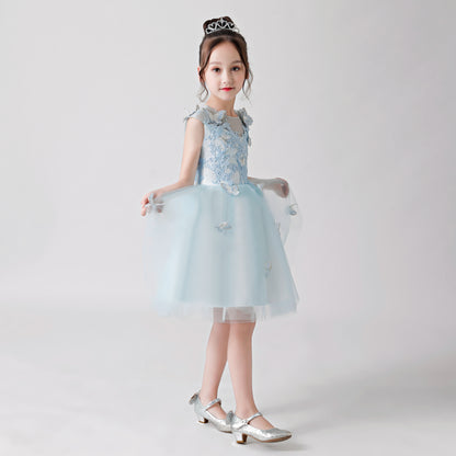 ly3172 Light Blue Butterfly Print Embroidered Chiffon Flower Girl Puffy Dress For Wedding, Party, Occations