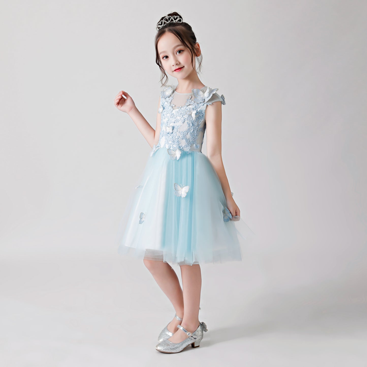 ly3172 Light Blue Butterfly Print Embroidered Chiffon Flower Girl Puffy Dress For Wedding, Party, Occations