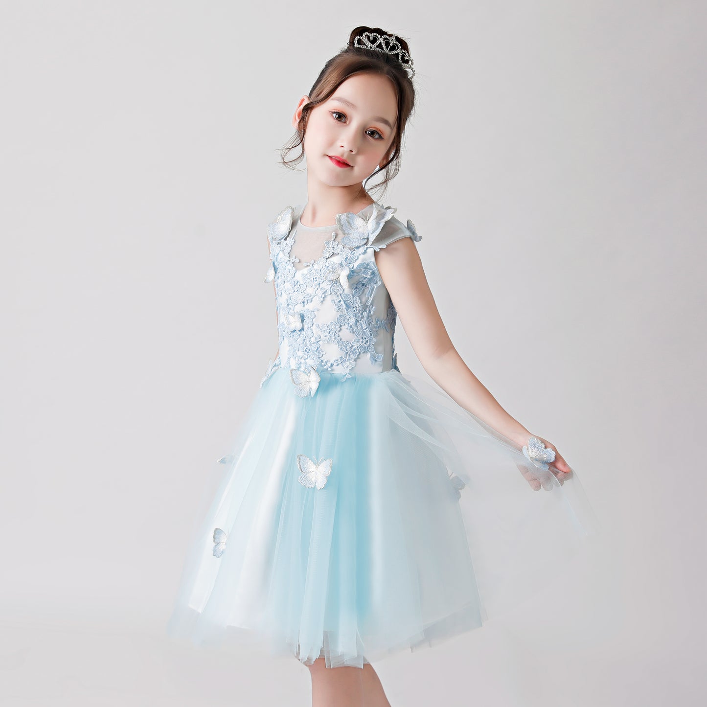 ly3172 Light Blue Butterfly Print Embroidered Chiffon Flower Girl Puffy Dress For Wedding, Party, Occations