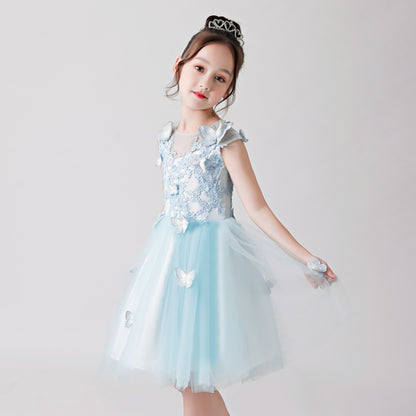 ly3172 Light Blue Butterfly Print Embroidered Chiffon Flower Girl Puffy Dress For Wedding, Party, Occations