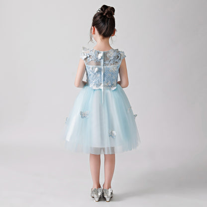 ly3172 Light Blue Butterfly Print Embroidered Chiffon Flower Girl Puffy Dress For Wedding, Party, Occations