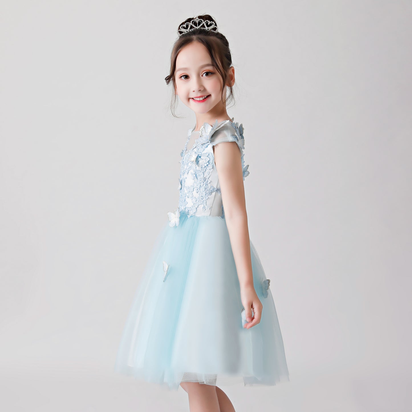 ly3172 Light Blue Butterfly Print Embroidered Chiffon Flower Girl Puffy Dress For Wedding, Party, Occations