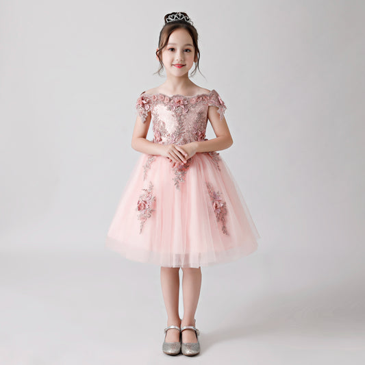 ly3173 Pink Rose Print Embroidered Chiffon Flower Girl Poncho Dress For Wedding, Party, Occations