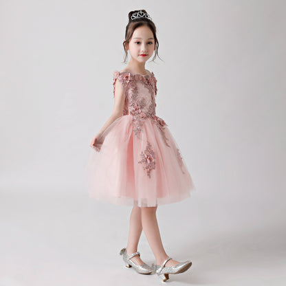 ly3173 Pink Rose Print Embroidered Chiffon Flower Girl Poncho Dress For Wedding, Party, Occations