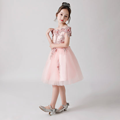 ly3173 Pink Rose Print Embroidered Chiffon Flower Girl Poncho Dress For Wedding, Party, Occations