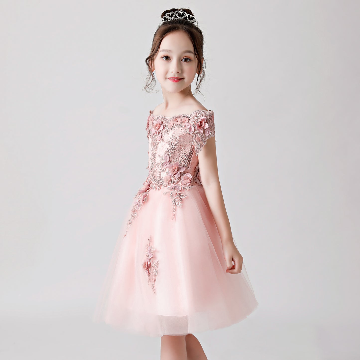 ly3173 Pink Rose Print Embroidered Chiffon Flower Girl Poncho Dress For Wedding, Party, Occations