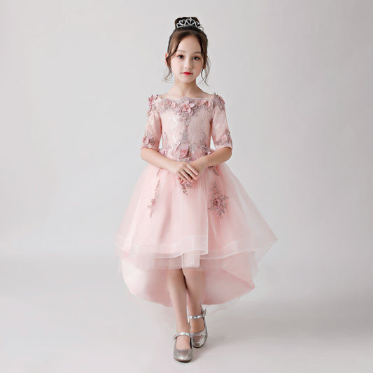 ly3174 Pink Rose Print Embroidered Chiffon Flower Girl Long Dress For Wedding, Party, Occations