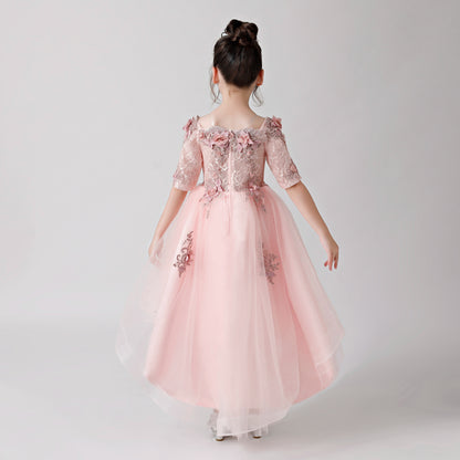 ly3174 Pink Rose Print Embroidered Chiffon Flower Girl Long Dress For Wedding, Party, Occations