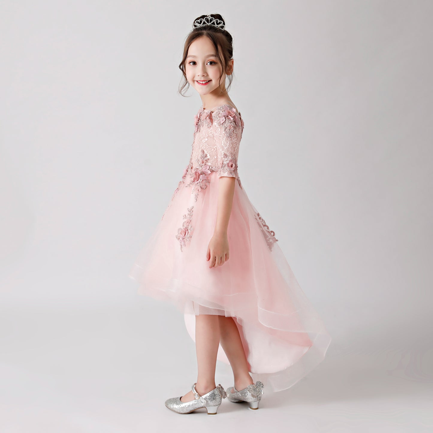 ly3174 Pink Rose Print Embroidered Chiffon Flower Girl Long Dress For Wedding, Party, Occations