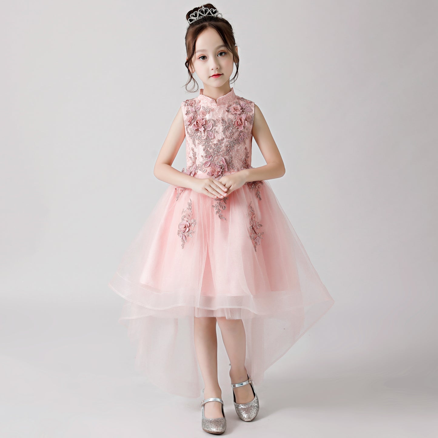 ly3175 Pink Printed Embroidered Chiffon Flower Girl Long Dress For Wedding, Party, Occations