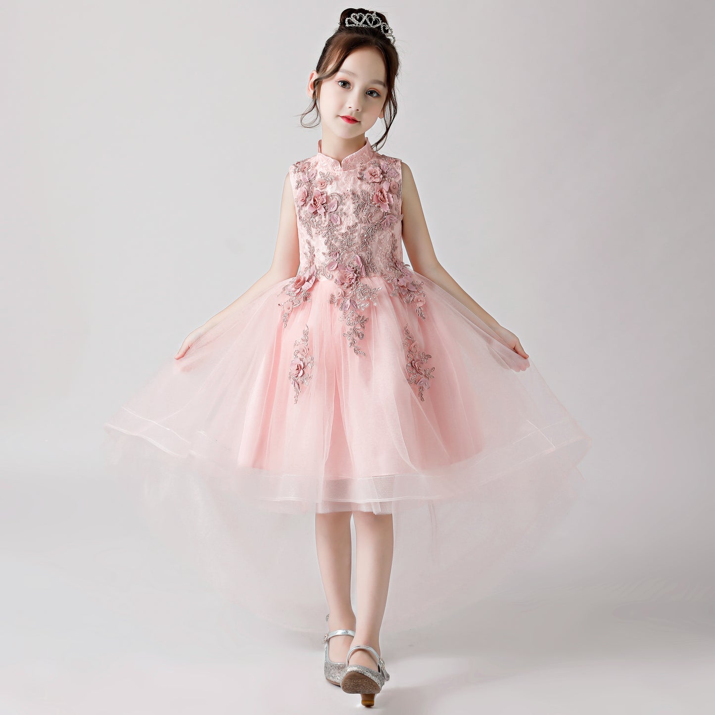 ly3175 Pink Printed Embroidered Chiffon Flower Girl Long Dress For Wedding, Party, Occations