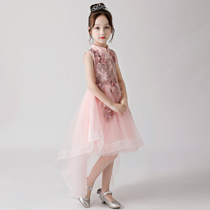 ly3175 Pink Printed Embroidered Chiffon Flower Girl Long Dress For Wedding, Party, Occations