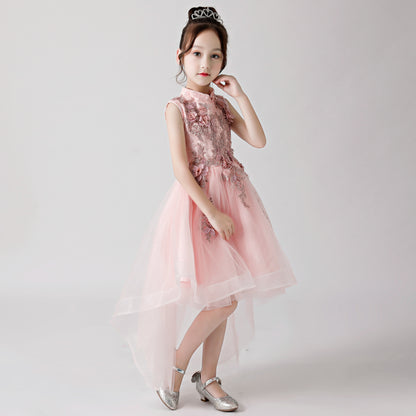 ly3175 Pink Printed Embroidered Chiffon Flower Girl Long Dress For Wedding, Party, Occations