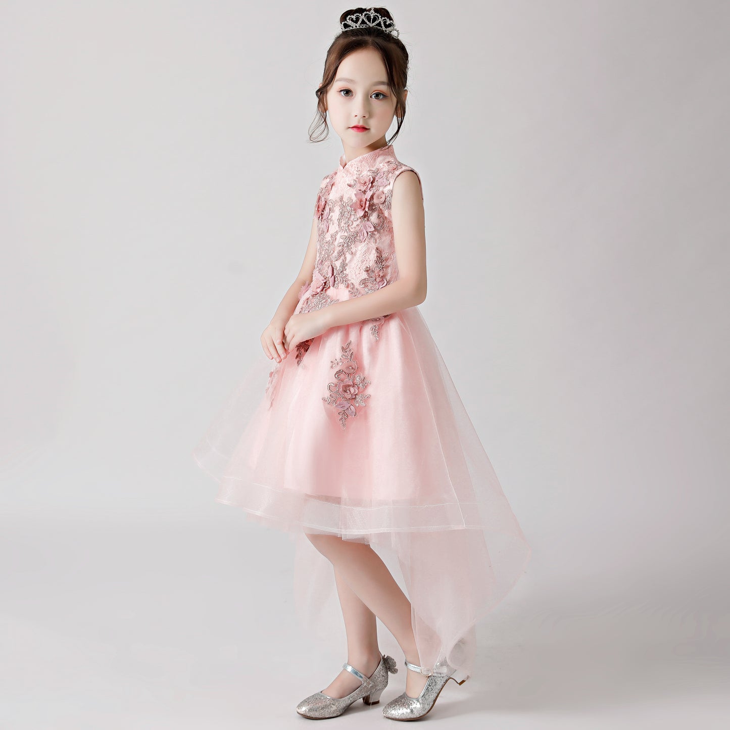 ly3175 Pink Printed Embroidered Chiffon Flower Girl Long Dress For Wedding, Party, Occations