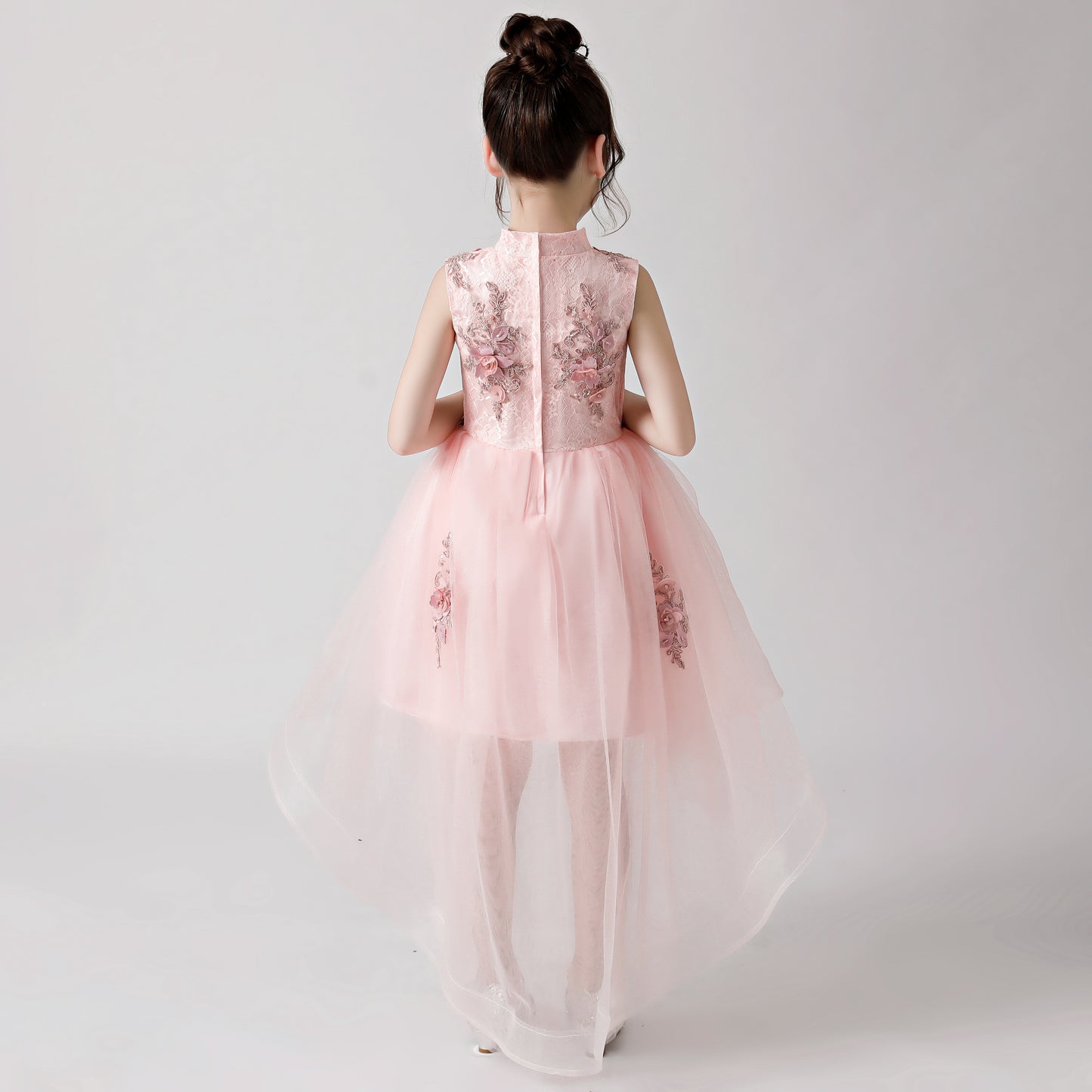 ly3175 Pink Printed Embroidered Chiffon Flower Girl Long Dress For Wedding, Party, Occations