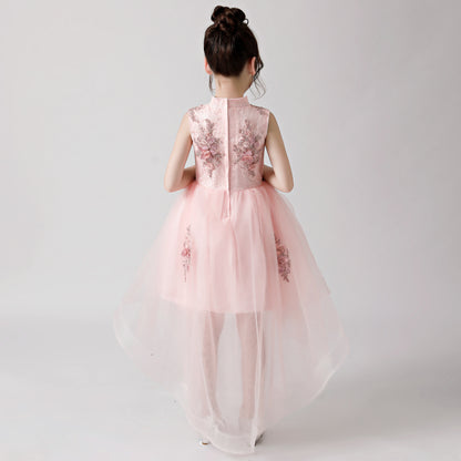 ly3175 Pink Printed Embroidered Chiffon Flower Girl Long Dress For Wedding, Party, Occations