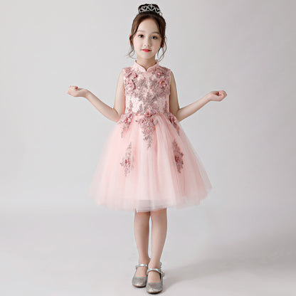 ly3176 Pink Printed Embroidered Chiffon Flower Girl Poncho Dress For Wedding, Party, Occations