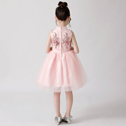 ly3176 Pink Printed Embroidered Chiffon Flower Girl Poncho Dress For Wedding, Party, Occations