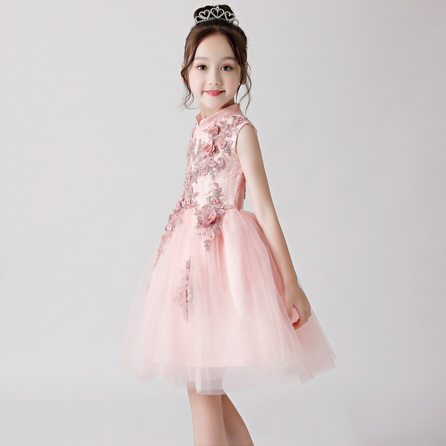 ly3176 Pink Printed Embroidered Chiffon Flower Girl Poncho Dress For Wedding, Party, Occations