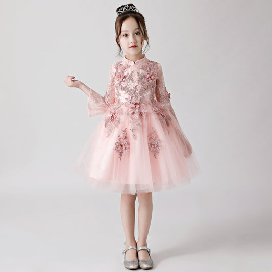 ly3177 Pink Printed Embroidered Chiffon Flower Girl Long Sleeve Poncho Dress For Wedding, Party, Occations