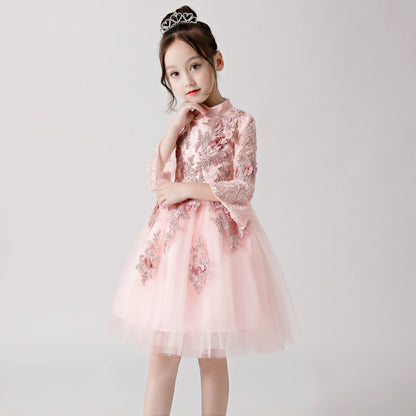 ly3177 Pink Printed Embroidered Chiffon Flower Girl Long Sleeve Poncho Dress For Wedding, Party, Occations