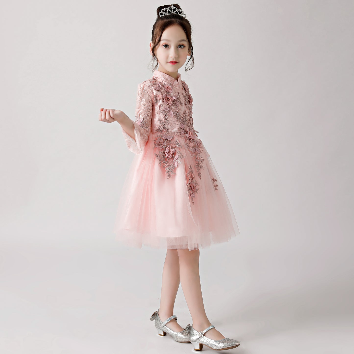 ly3177 Pink Printed Embroidered Chiffon Flower Girl Long Sleeve Poncho Dress For Wedding, Party, Occations