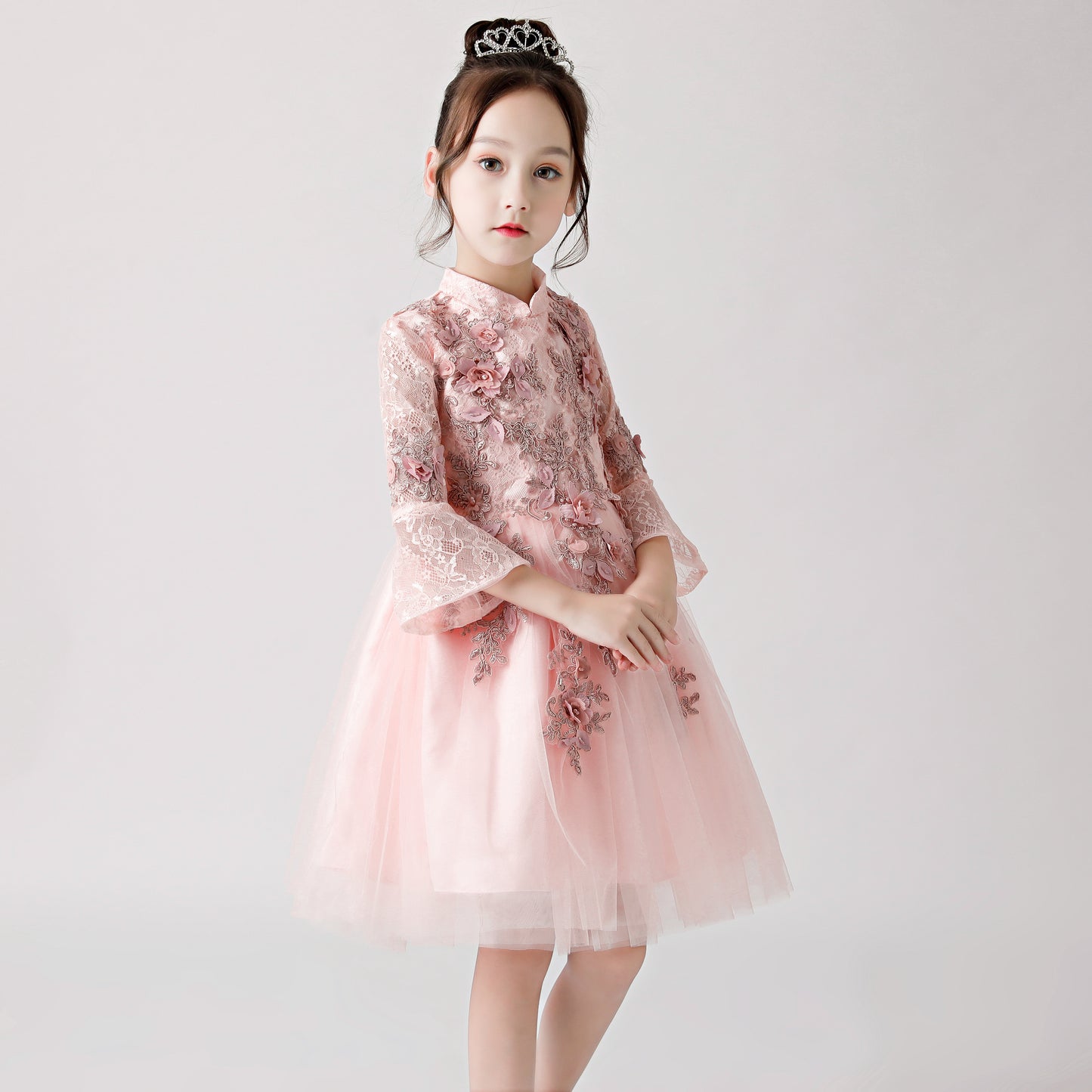 ly3177 Pink Printed Embroidered Chiffon Flower Girl Long Sleeve Poncho Dress For Wedding, Party, Occations