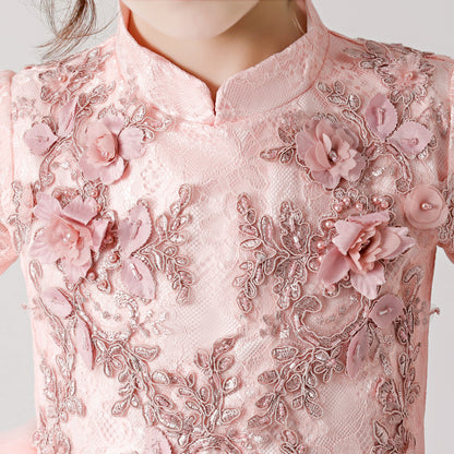 ly3177 Pink Printed Embroidered Chiffon Flower Girl Long Sleeve Poncho Dress For Wedding, Party, Occations