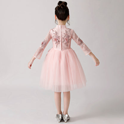 ly3177 Pink Printed Embroidered Chiffon Flower Girl Long Sleeve Poncho Dress For Wedding, Party, Occations