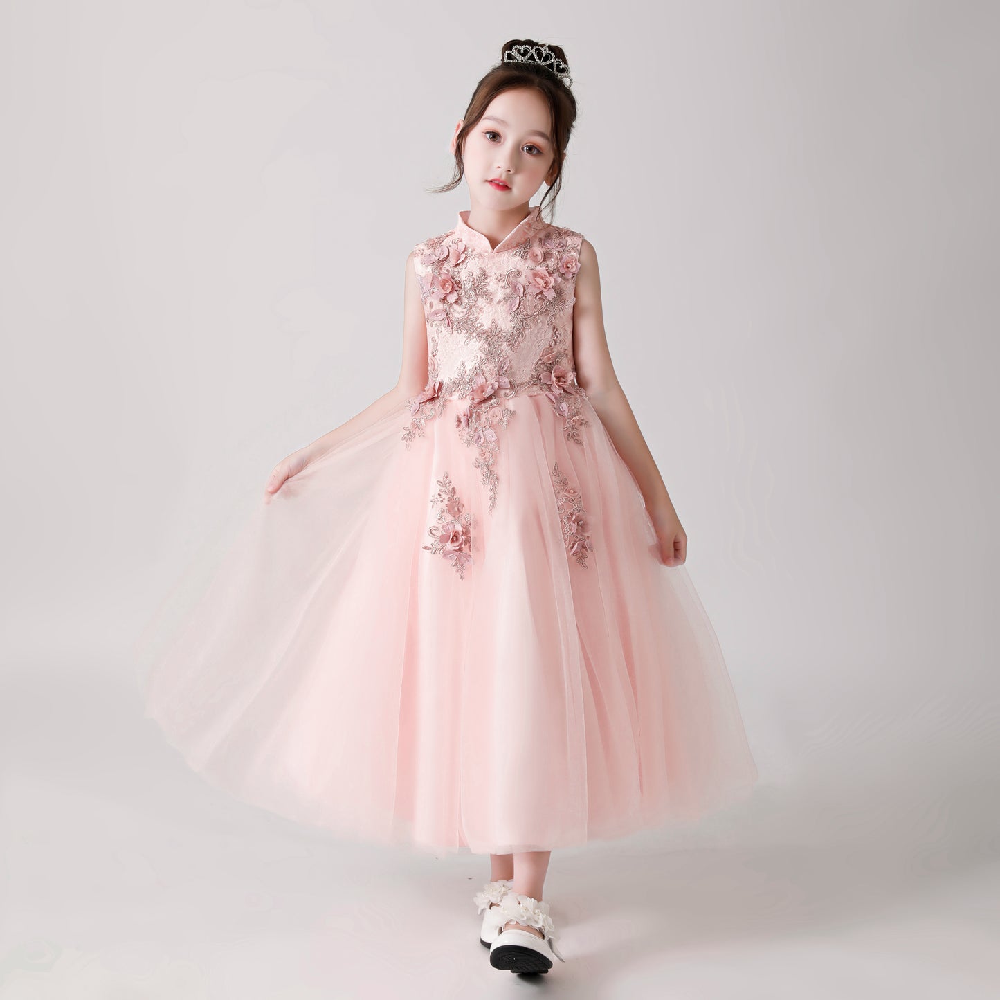 ly3178 Pink Printed Embroidered Chiffon Flower Girl Long Dress For Wedding, Party, Occations