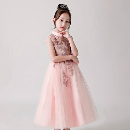 ly3178 Pink Printed Embroidered Chiffon Flower Girl Long Dress For Wedding, Party, Occations