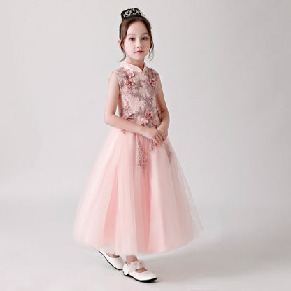 ly3178 Pink Printed Embroidered Chiffon Flower Girl Long Dress For Wedding, Party, Occations