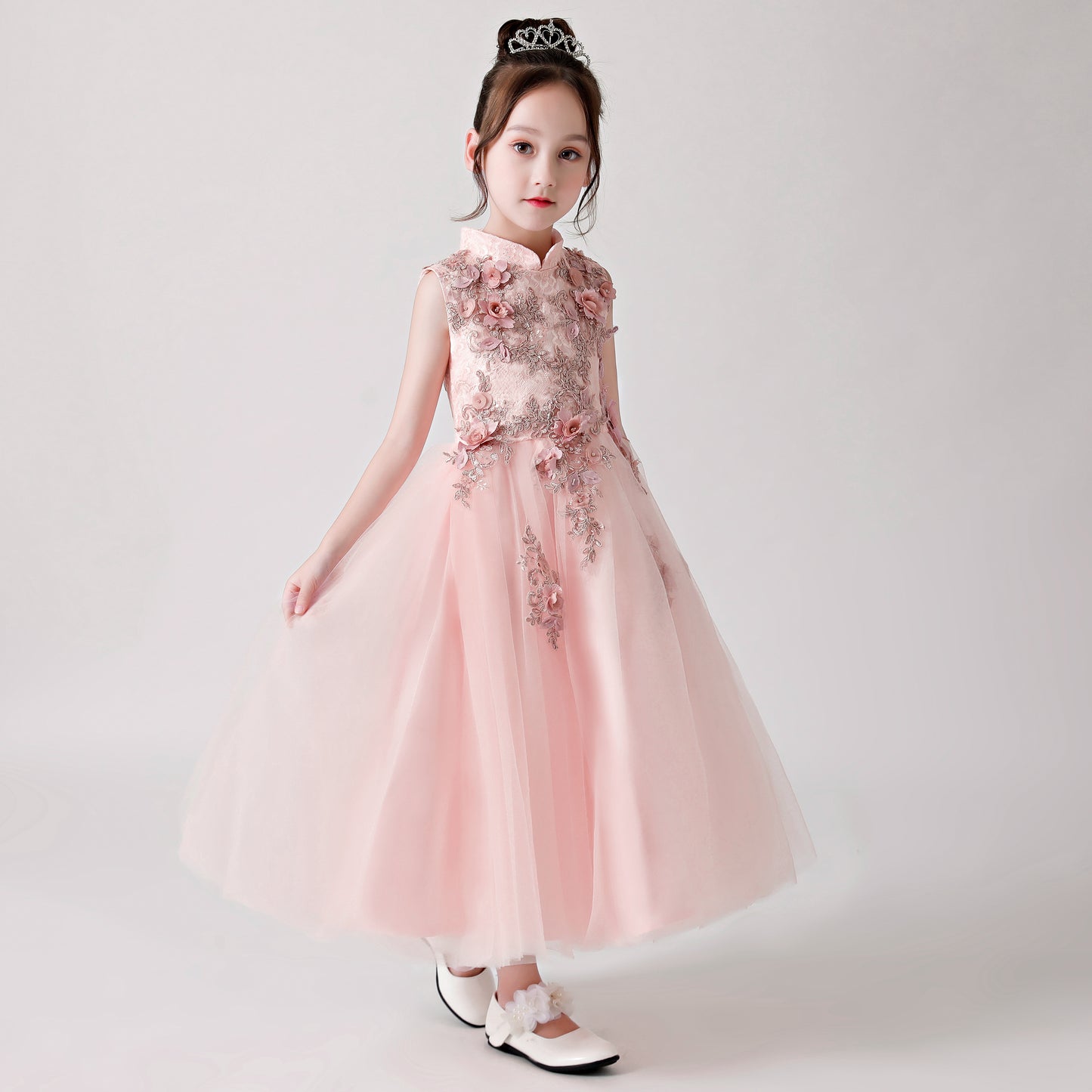 ly3178 Pink Printed Embroidered Chiffon Flower Girl Long Dress For Wedding, Party, Occations