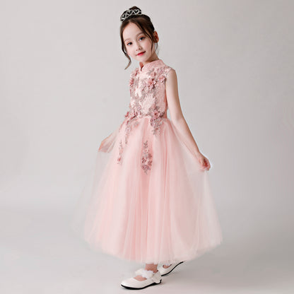 ly3178 Pink Printed Embroidered Chiffon Flower Girl Long Dress For Wedding, Party, Occations