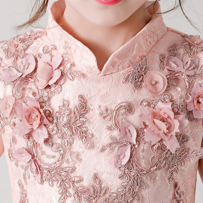 ly3178 Pink Printed Embroidered Chiffon Flower Girl Long Dress For Wedding, Party, Occations