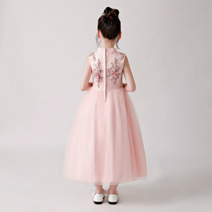 ly3178 Pink Printed Embroidered Chiffon Flower Girl Long Dress For Wedding, Party, Occations