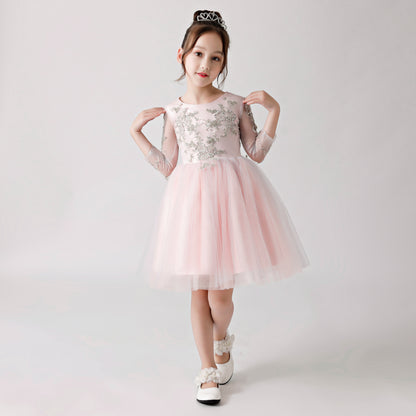 ly3179 Pink Chiffon Flower Girl Poncho Dress with Silver Prints